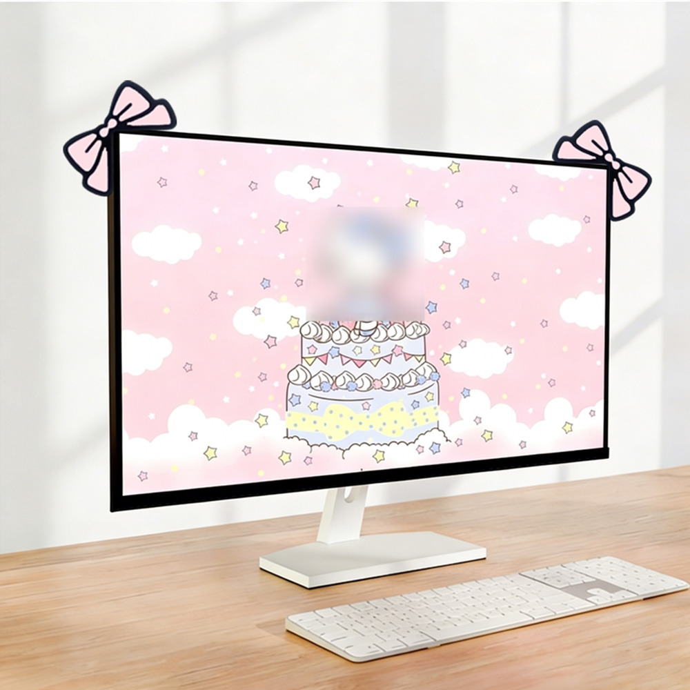 Desk Setup Monitor And Laptop - Urocza Różowa Kokardka Dekoracja Monitora Kawaii