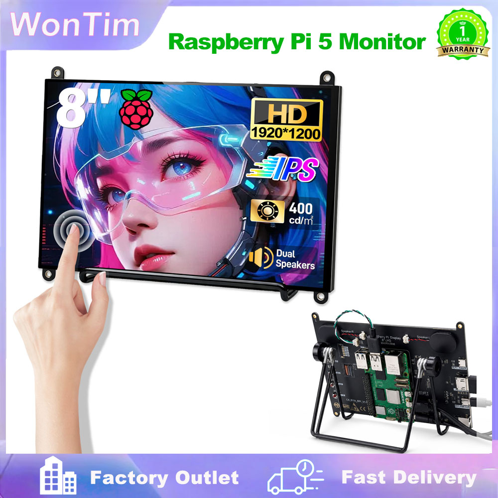 Dual Monitor Desk Setup - Monitor dotykowy WonTim 8' do Raspberry